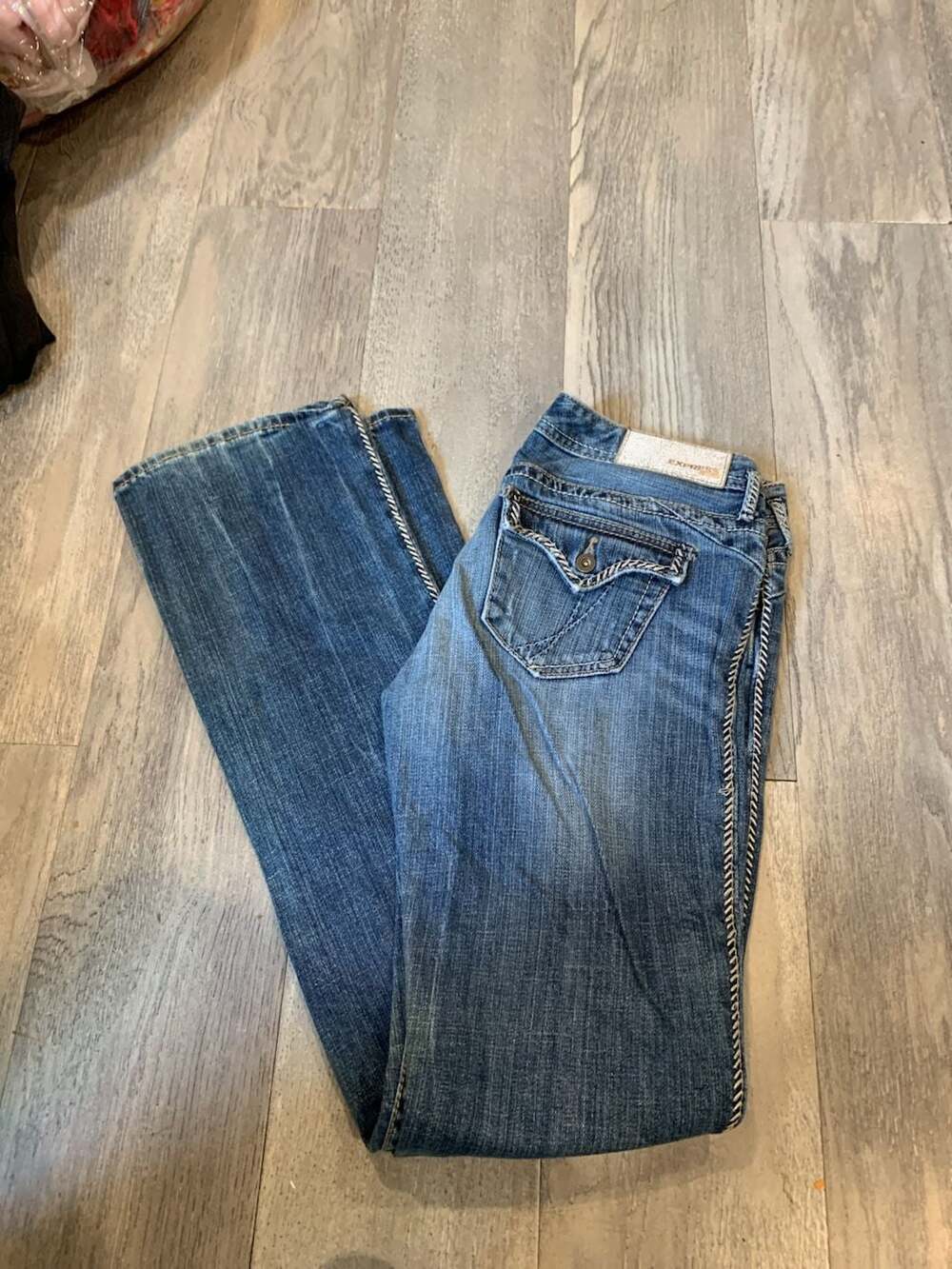 Express Y2K Distressed Bootcut Jeans Blue Denim Embellished Contrast Stitch